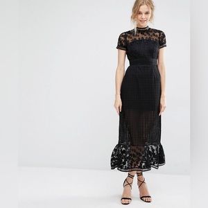 FoxieDox Elodie Pleated Lace Cutwork Midi Dress